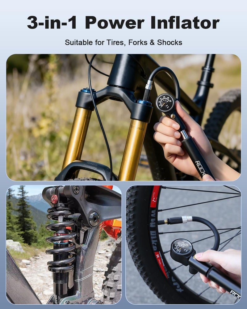 POWVINE Shock Pump for Bike,Portable Frame Pump with 300PSI,High Pressure Bike Air Fork/Shock Pump,Mini Pump Fits Presta & Schrader Valve - Image 3